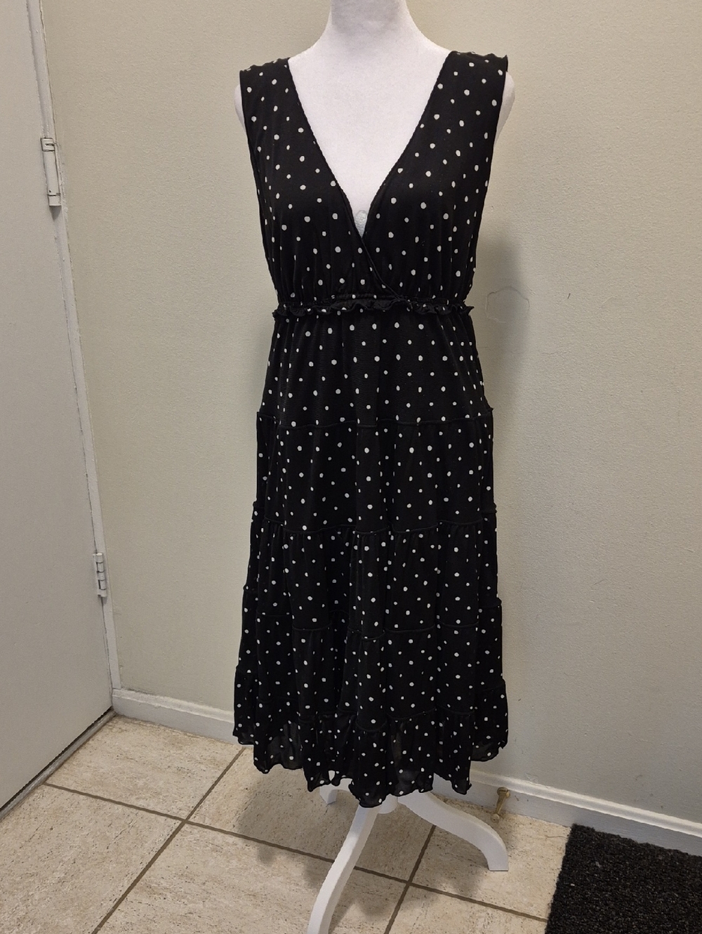 Style & Co. Black Polka Dot V-Neck Tiered Midi Dress